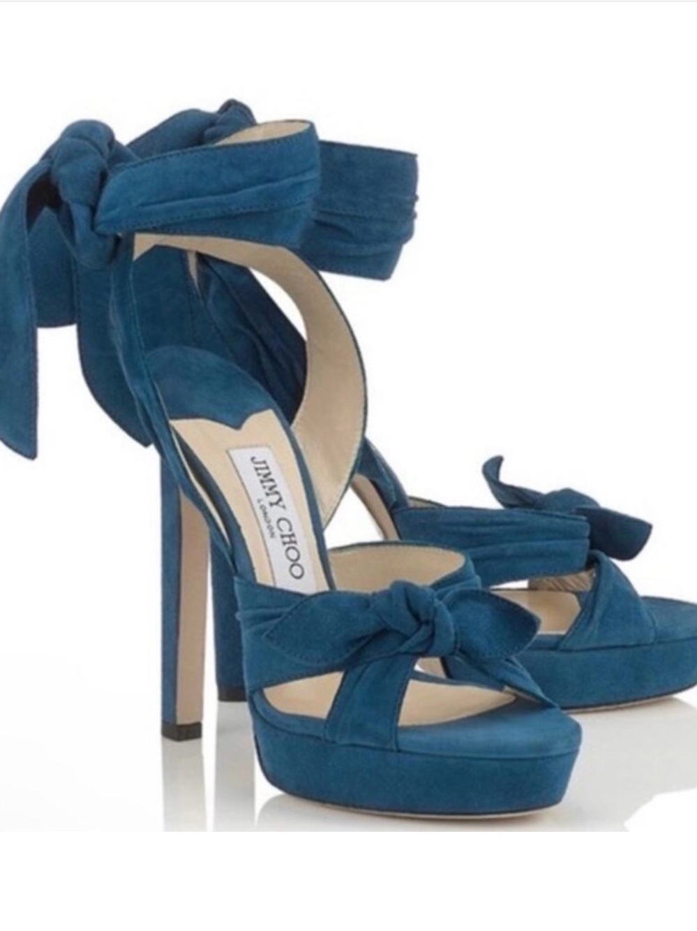 Jimmy Choo Kaytrin Teal Suede Platform Ankle-Tie Sandals with Knotted Bows